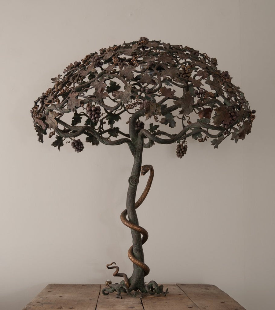 Hand Wrought Iron Tree of Knowledge Table Lamp with Gilded Forged Serpent