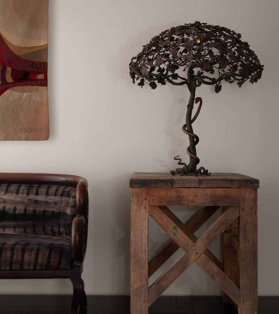 Hand Wrought Iron Tree of Knowledge Table Lamp with Gilded Forged Serpent