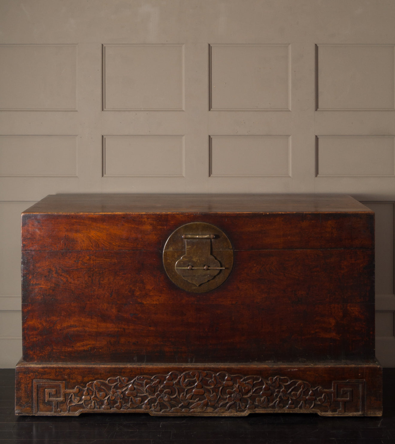 Chinese Trunk on Stand with Wood Wheels, 19th Century
