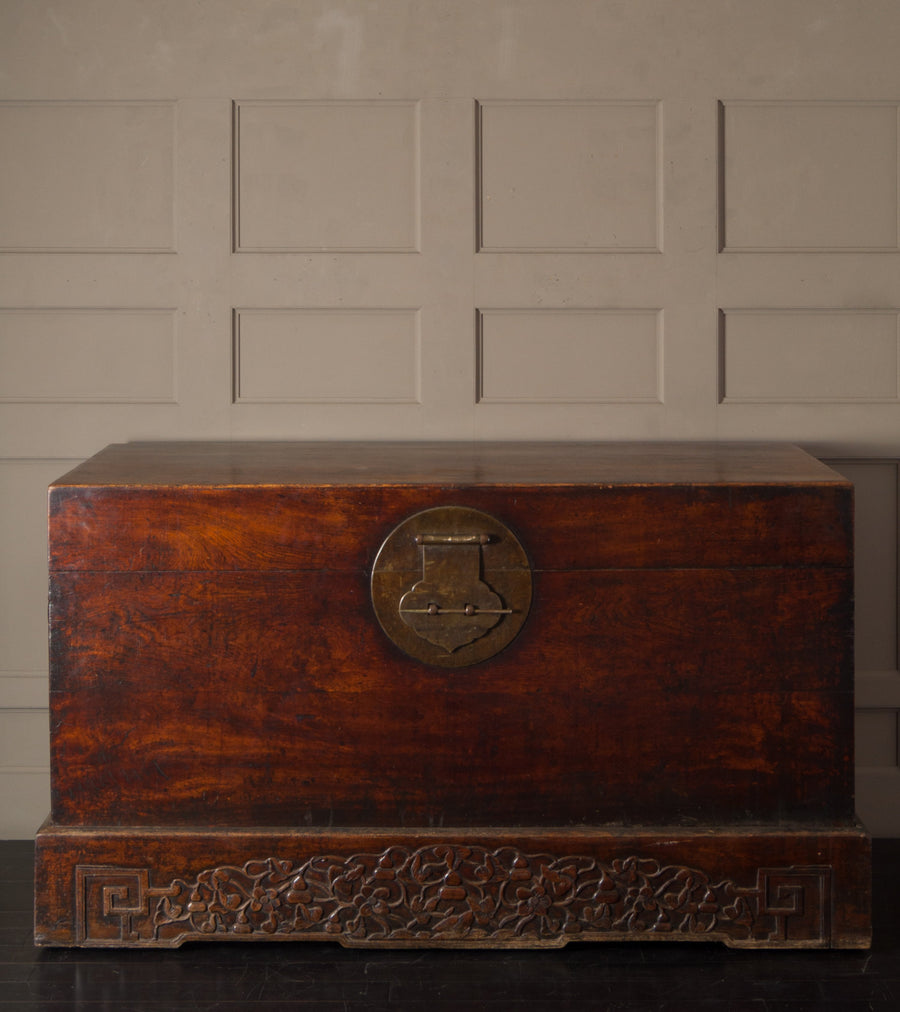 Chinese Trunk on Stand with Wood Wheels, 19th Century