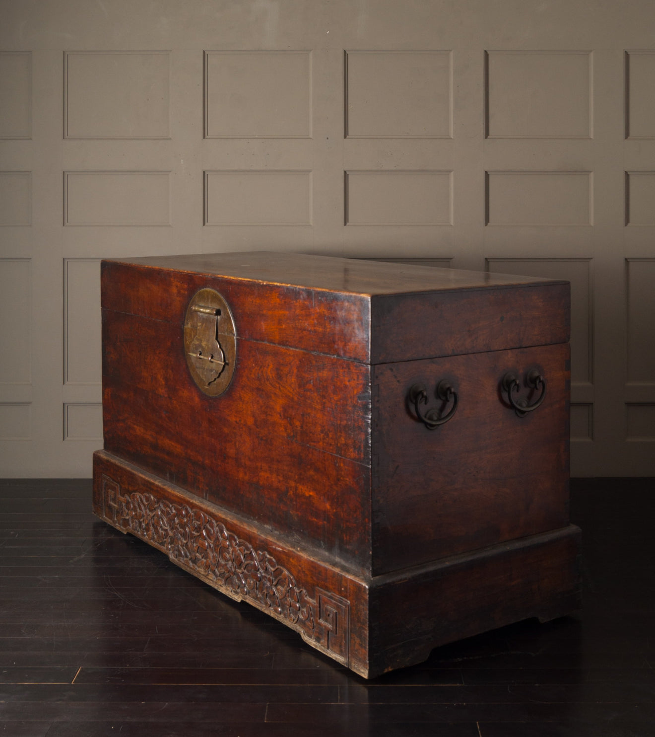 Chinese Trunk on Stand with Wood Wheels, 19th Century