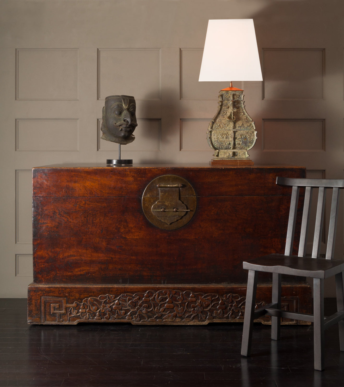 Chinese Trunk on Stand with Wood Wheels, 19th Century