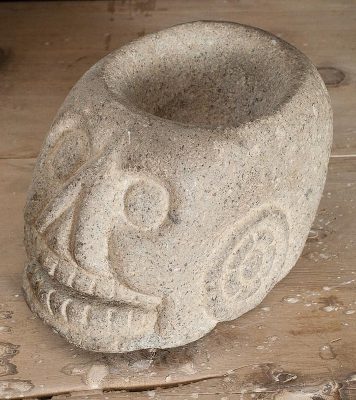 Colonial Skull Mortar with Pre Columbian Decorative Carvings