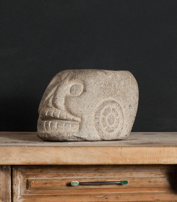 Colonial Skull Mortar with Pre Columbian Decorative Carvings