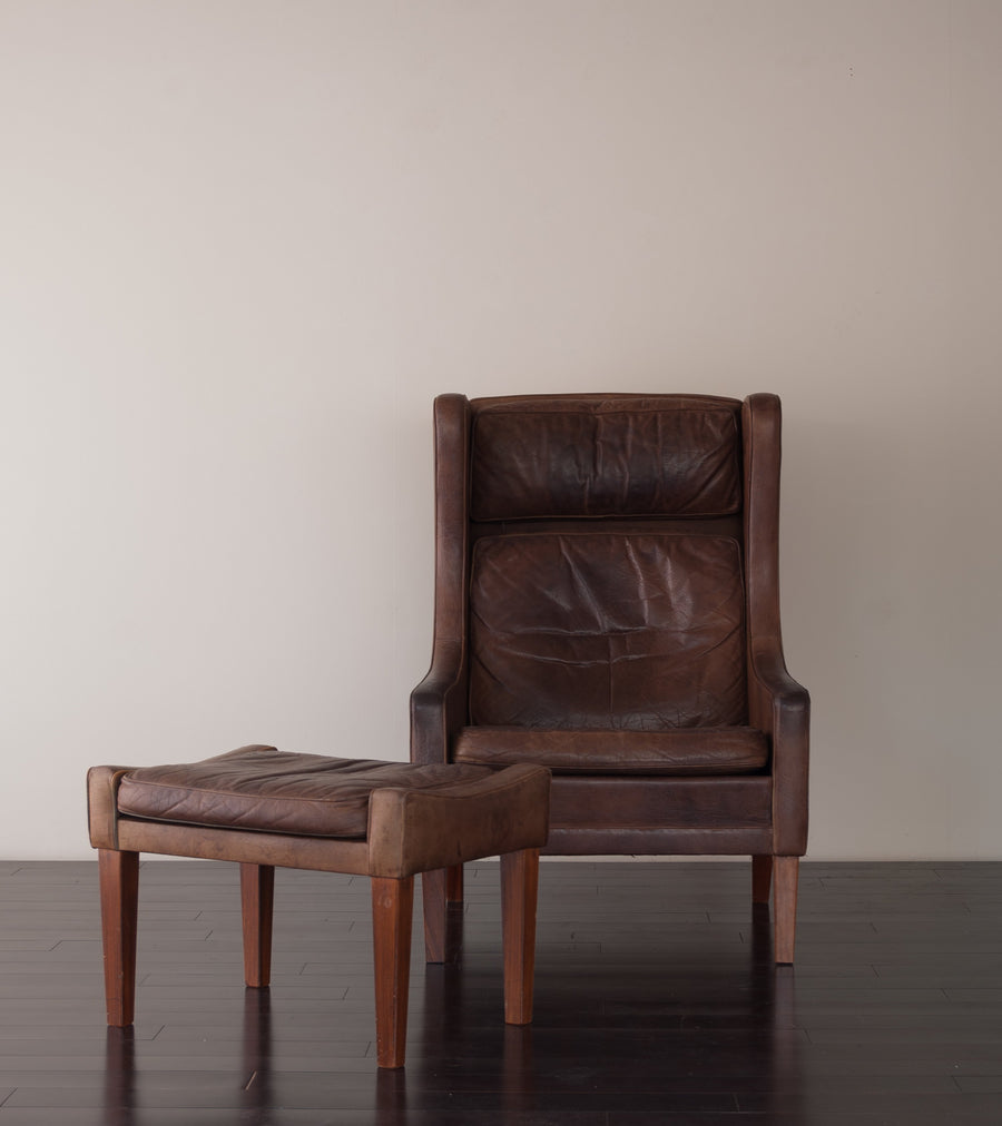 Danish Wing-Back Chair with Ottoman, in the Style of Borge Morgensen