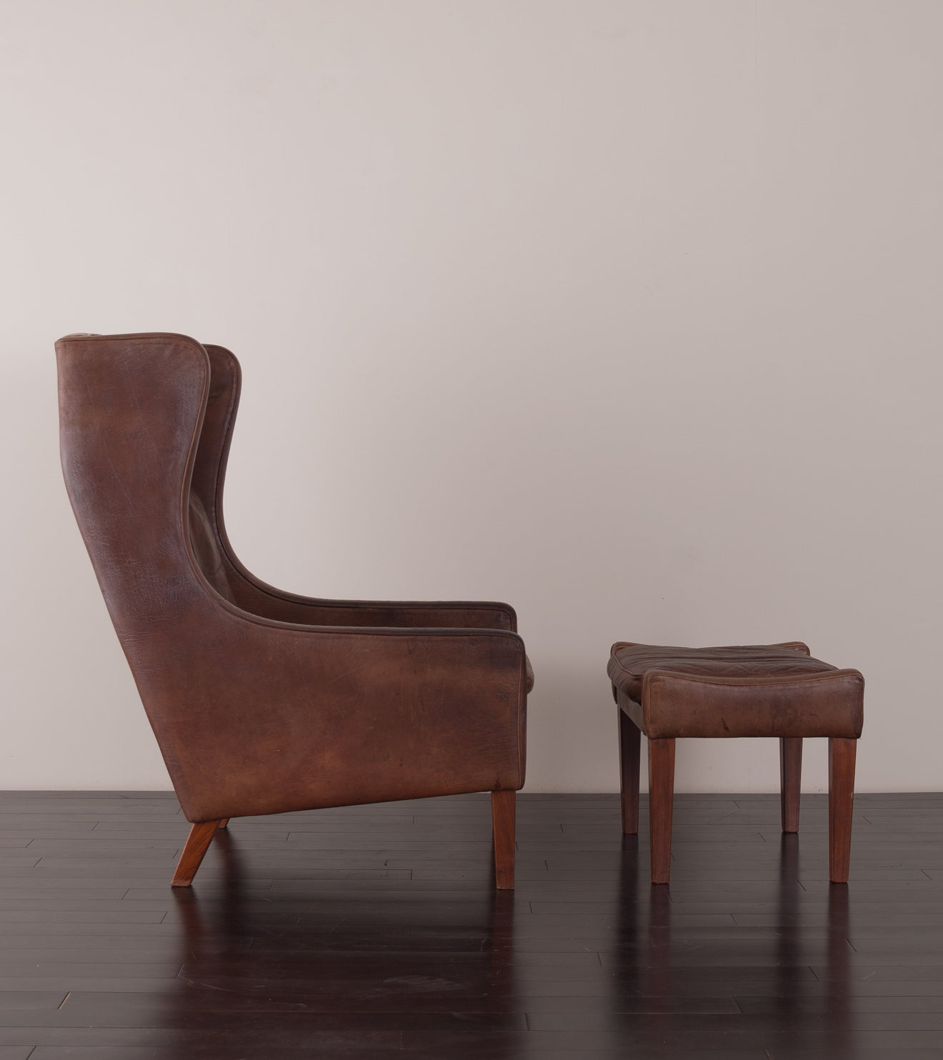 Danish Wing-Back Chair with Ottoman, in the Style of Borge Morgensen