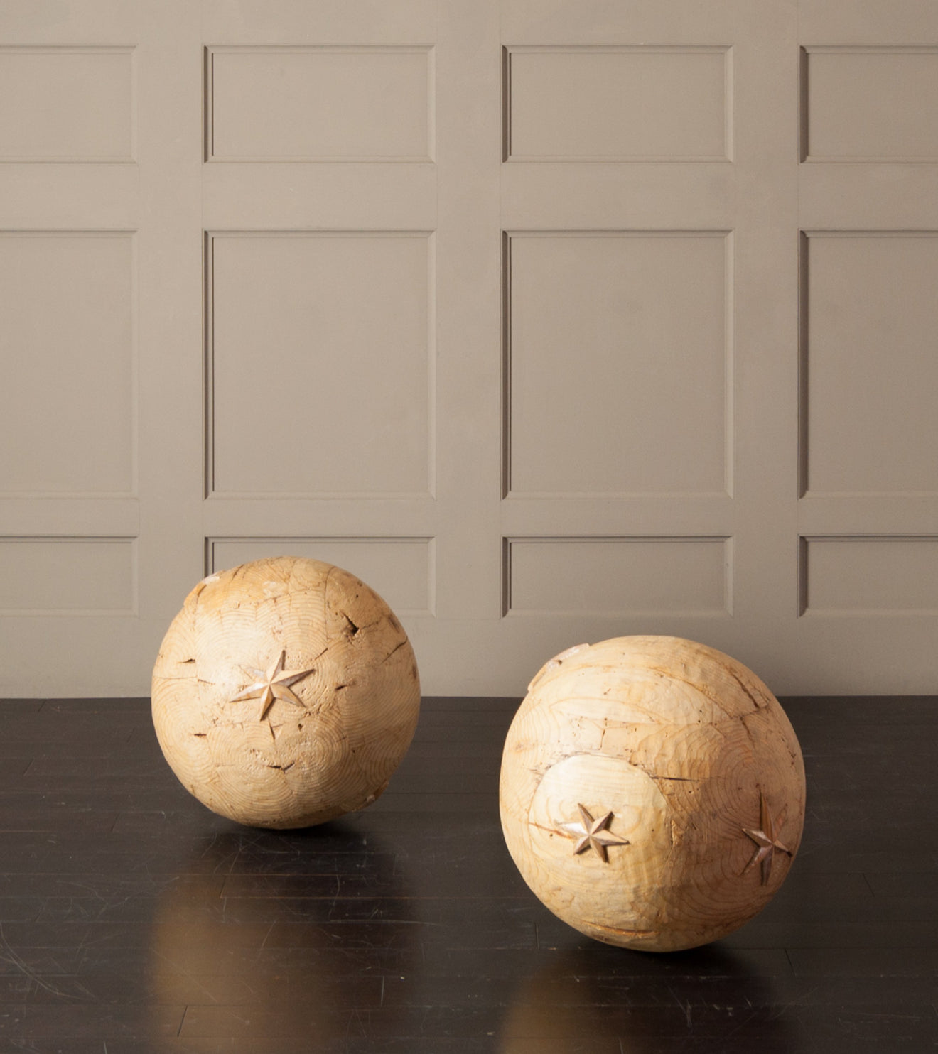 Antiqued Wood Sphere with Carved Stars by Mike Diaz