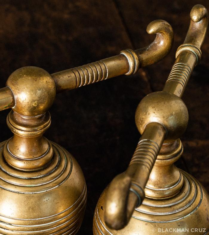 Pair of Christopher Dresser Arts & Crafts Brass Fire Dogs