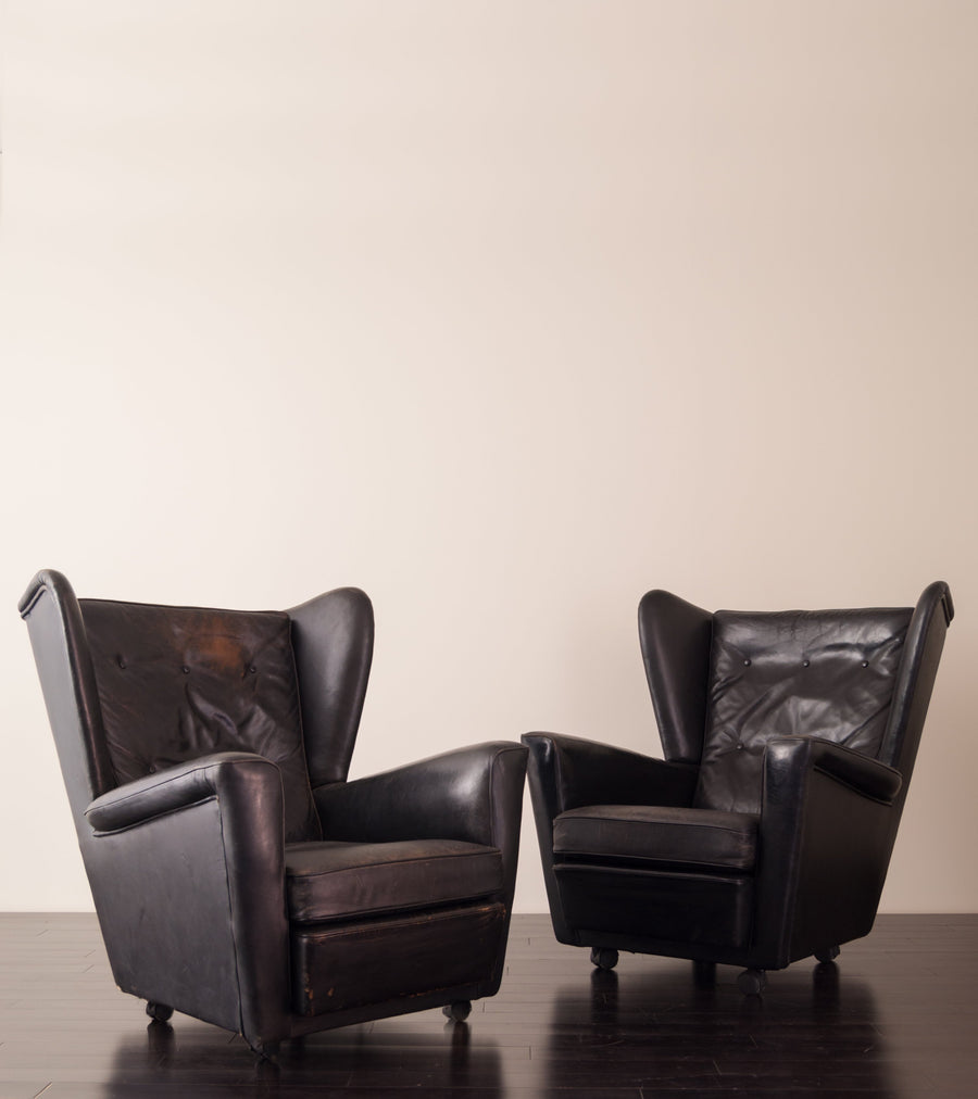 Pair of English Wing-Back Leather Club Chairs